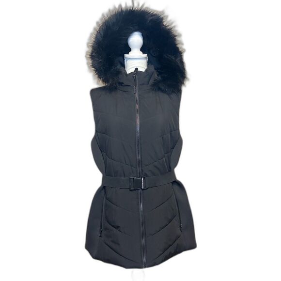 Michael Kors Black Belted Faux Fur Hooded Zip Vest Womens - Picture 1 of 8
